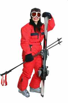 女滑雪红色的滑雪西装