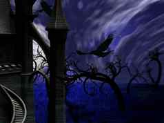 插图晚上森林完整的月亮城堡乌鸦