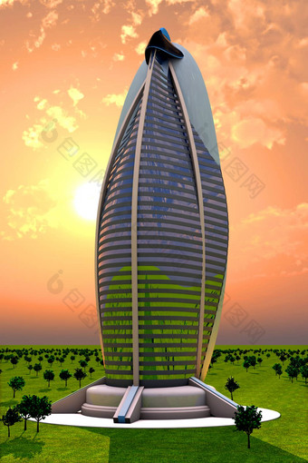 日落未来主义的摩天大楼
