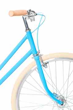 时尚的女人的蓝色的自行车孤立的白色