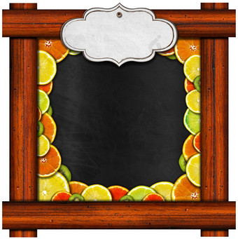 黑板上木框架水果
