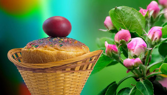 复活节<strong>蛋糕红色</strong>的复活节蛋开花苹果树