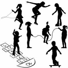 活跃的孩子们孩子们辊溜冰鞋跳绳子玩