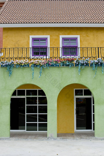 色彩斑斓的房子紫罗兰色的白色窗户