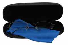 优雅的眼镜黑色的情况下蓝色的清洁布