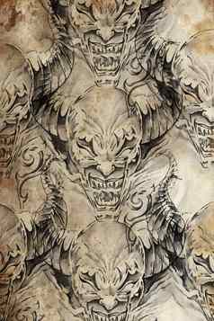 纹身模式恶魔设计古董纸
