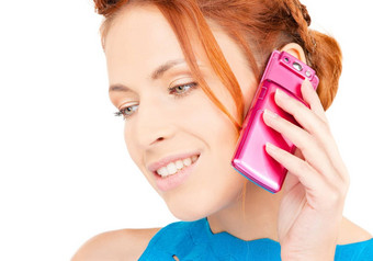 快乐女人粉红色的电话