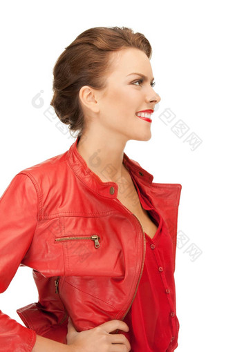 可爱的女人红色的<strong>皮革夹克</strong>