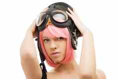 粉红色的头发女孩飞行员头盔
