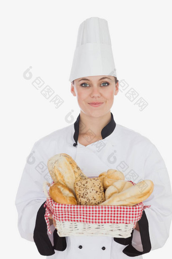 女老板统一的持有面包篮子
