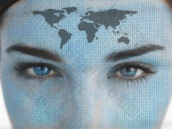 有吸引力的蓝色的眼女人二进制编码地图脸