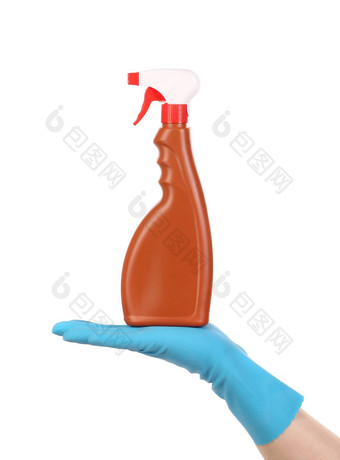手手套持有棕色（的）塑料喷雾瓶