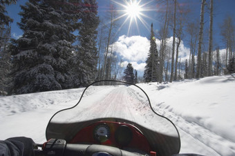 女人骑电动机雪橇阳光明媚的一天