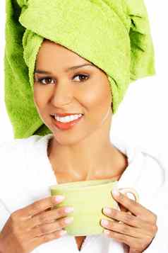 有吸引力的女人包装毛巾头巾头持有