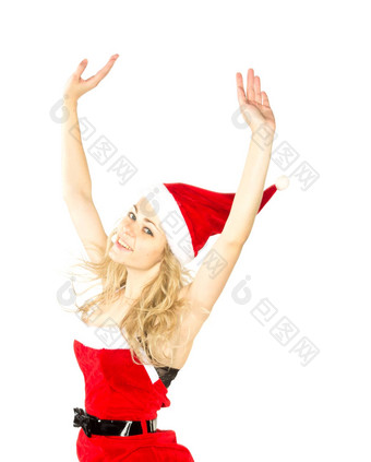 快乐微笑女人红色的圣诞节服装<strong>跳高</strong>