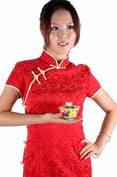 中国人女孩茶杯