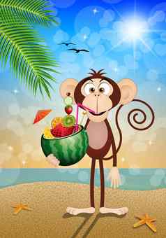 猴子西瓜海滩