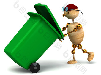 木男人。拉绿色浪费容器