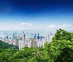 全景视图在香港香港城市景观美丽的阳光明媚的一天