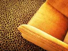 橙色天鹅绒扶手椅豹地毯
