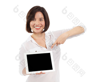 可爱的年轻的女人显示电子平板电脑