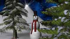 圣诞节晚上明星雪人冷杉树