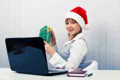 女孩办公室圣诞老人帽子移动PC礼物