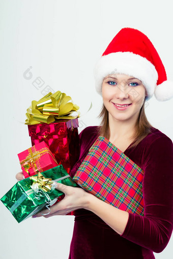 快乐女孩圣诞老人他礼物盒子