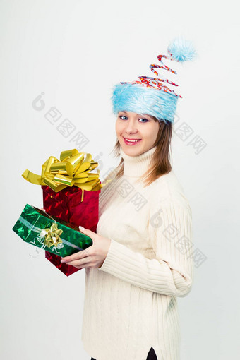 快乐女孩不寻常的圣诞节他礼物盒子