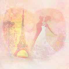 浪漫的夫妇巴黎接吻埃菲尔铁塔塔复古的