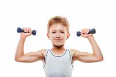 微笑体育运动孩子男孩强大的肱二头肌肌肉持有exerc