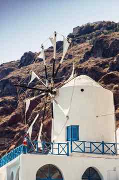 风车Therasia圣托里尼岛爱琴海海希腊