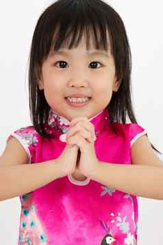 中国人女孩穿旗袍问候手势