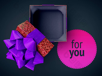渲染插图前视图礼物盒子紫色的打开封面帽成员紫罗兰色的空现在情况下生动的梯度空间文本放置孤立的黑暗