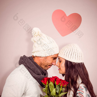 复合图像微笑夫妇面对面持有玫瑰花束