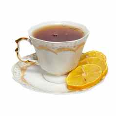 茶杯茶柠檬孤立的白色