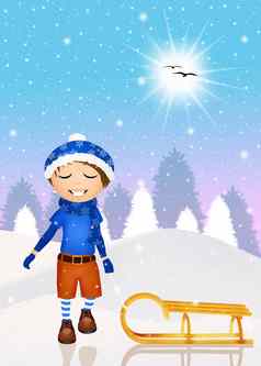 孩子雪橇冬天景观
