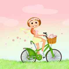 女孩花自行车