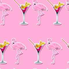 无缝的模式背景粉红色的马提尼鸡尾酒玻璃粉红色的火烈鸟粉红色的背景