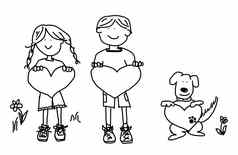 男孩女孩狗卡通持有心形状标志