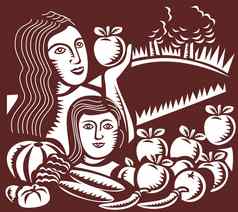 女人孩子持有苹果水果蔬菜