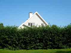 斯堪的那维亚生活方式白色房子灌木障碍