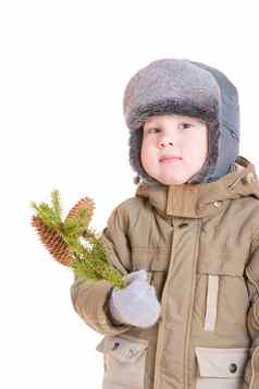 深思熟虑的男孩冬天外套分支皮毛树视锥细胞
