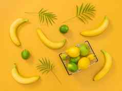 香蕉柑橘类水果棕榈叶子黄色的背景