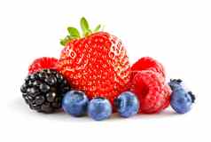 新鲜的甜蜜的浆果白色背景成熟的多汁的草莓树莓蓝莓黑莓