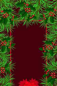 一年圣诞节圣诞节夏娃冬天假期横幅邀请摩天观景轮框架使冷杉冬青分支机构能植物一品红勃艮第背景垂直布局