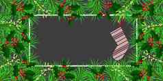 一年圣诞节冬天假期横幅邀请摩天观景轮框架使冷杉槲寄生冬青分支机构针织袜子礼物灰色的背景水平布局