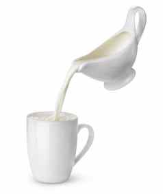 倒奶油制作奶油的人杯飞溅孤立的白色背景流动牛奶