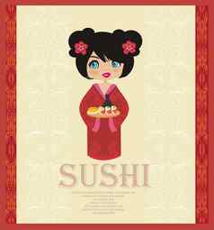 美丽的亚洲女孩享受寿司菜单模板