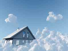 农村房子飞翔云蓝色的天空